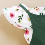Kids Girls Outfit Set INS Fashion Floral Tank Tops + Bib Pants -Green