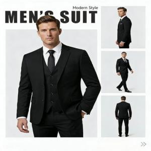Banagat High Quality 3 Piece Set (Jacket Vest & Pants) Men's Office Formal Slim-Fit Business Suit - Black