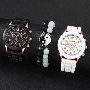 Geneva Couple Watches Women Casual Silicone Band Quartz Watch Jewelry Set